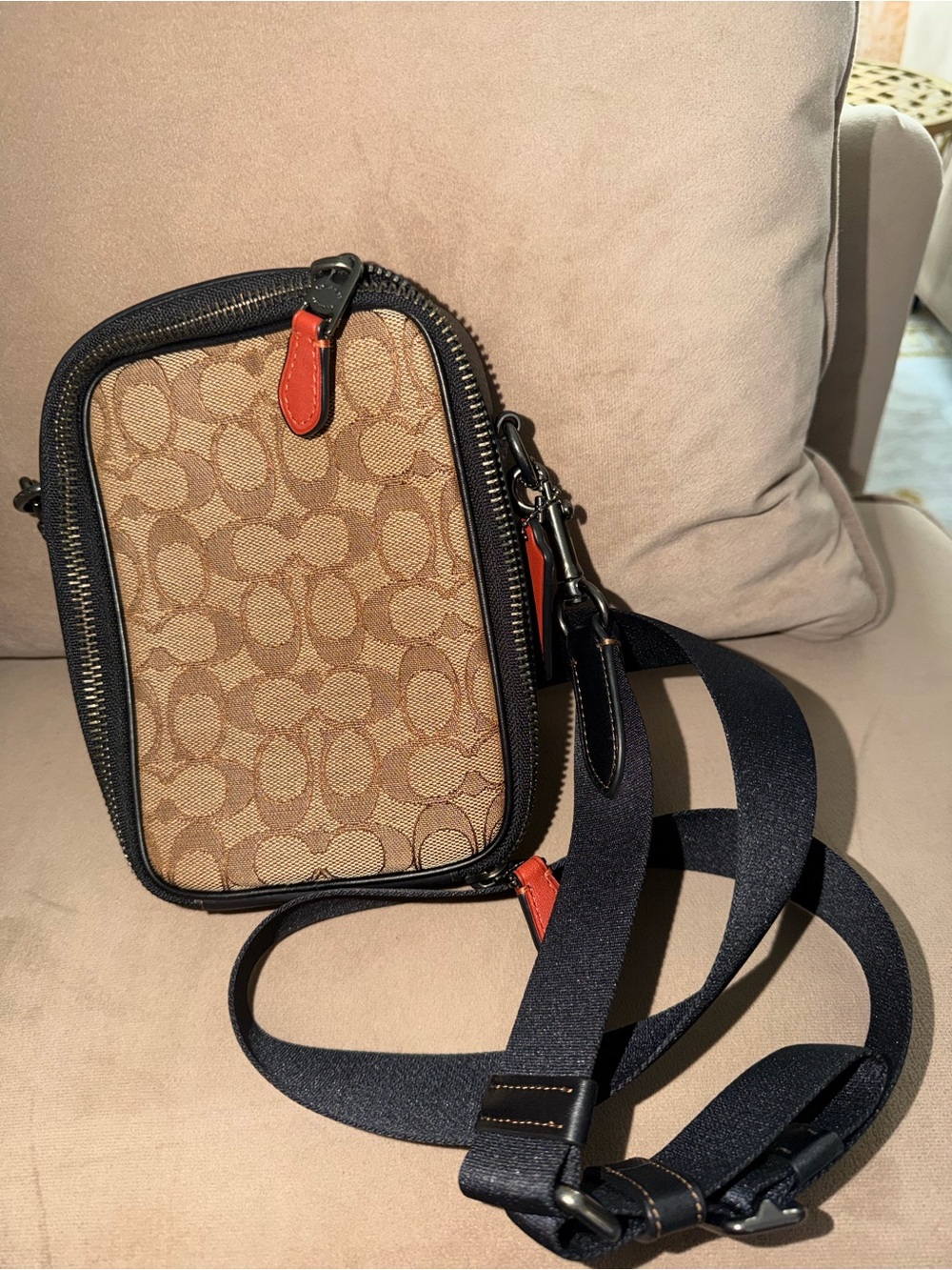 Coach Khaki Signature Canvas Messenger with Black Trim and Red Accents